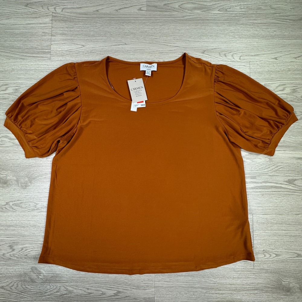 Carmen Marc Valvo Women Top Wild Honey 1X NWT Puff Sleeve Scoop Neck Blouse